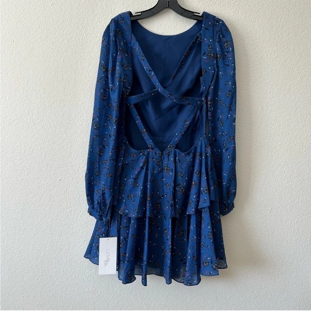 NWT $280 Love by Theia Women's Blue Chiffon Floral Cutout X-Back Dress Size 8 - Picture 3 of 13